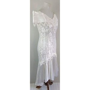 Vintage 80s Off Shoulder Mermaid Trumpet Wedding Dress Prom White Satin Lace 6